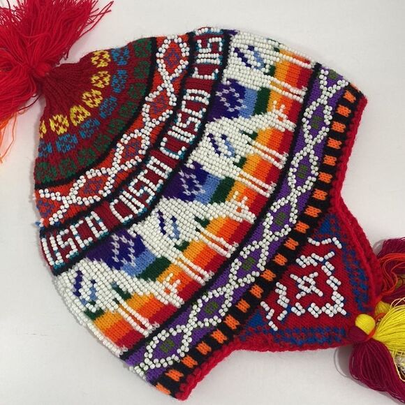 Colorful Andean Peruvian Knit Tassel Winter Hat Beaded Embroidered Boho